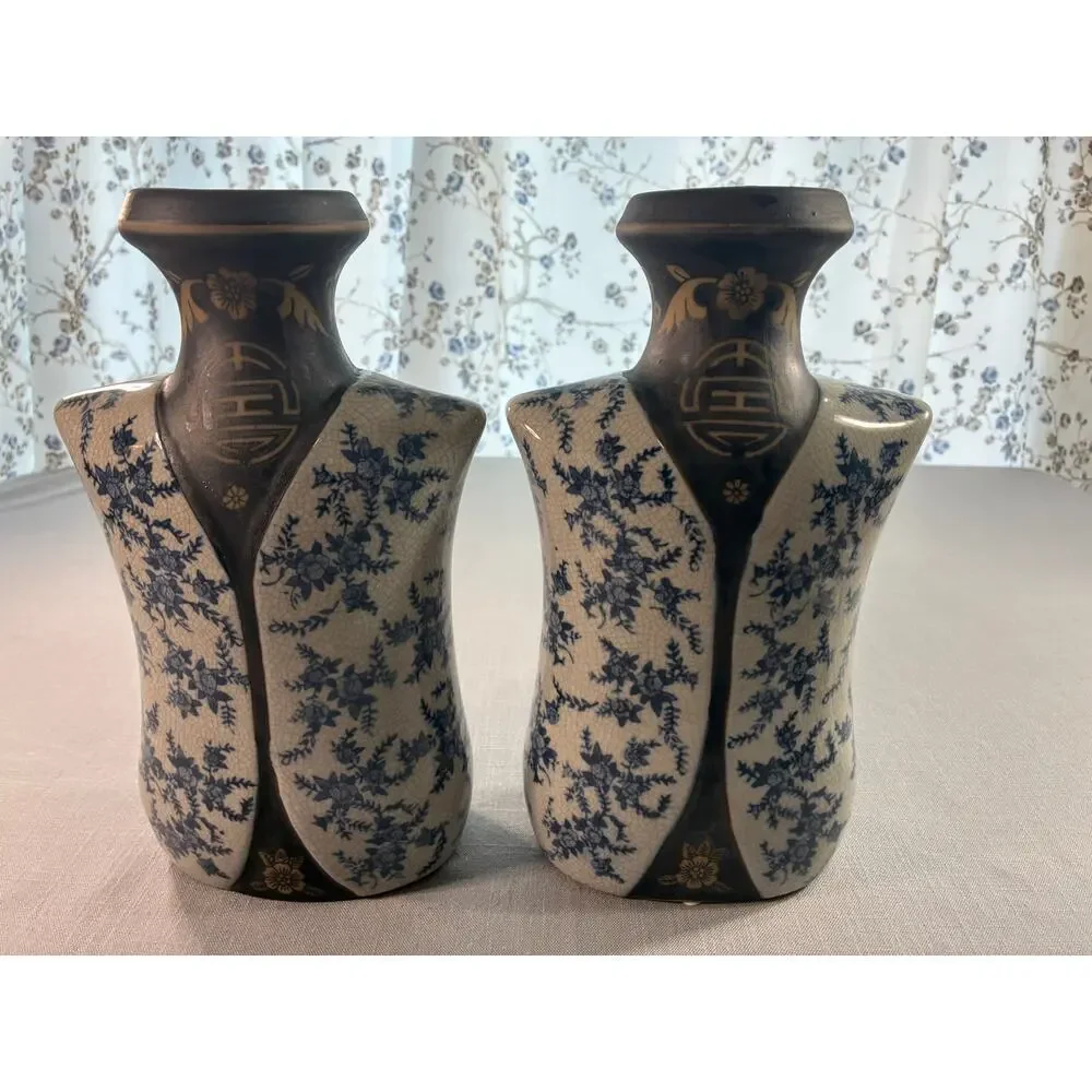 Pair Blue White Crackle Glaze Chinoiserie Style Ceramic Vases Made In China